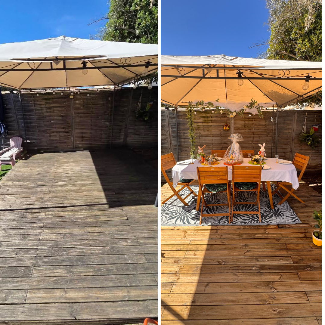 Avant après nettoyage terrasse bois haute pression